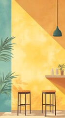 A cozy interior with a bar, plants, and colorful walls.