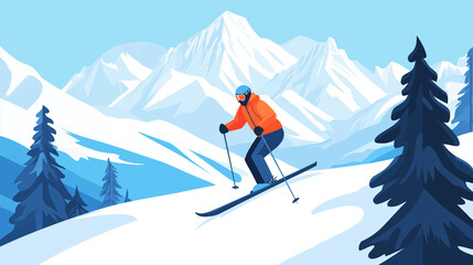 skier on a ski slope, skiing on ski resort, minimalist flat illustration, vector art poster, ski poster, Ultra-high resolution