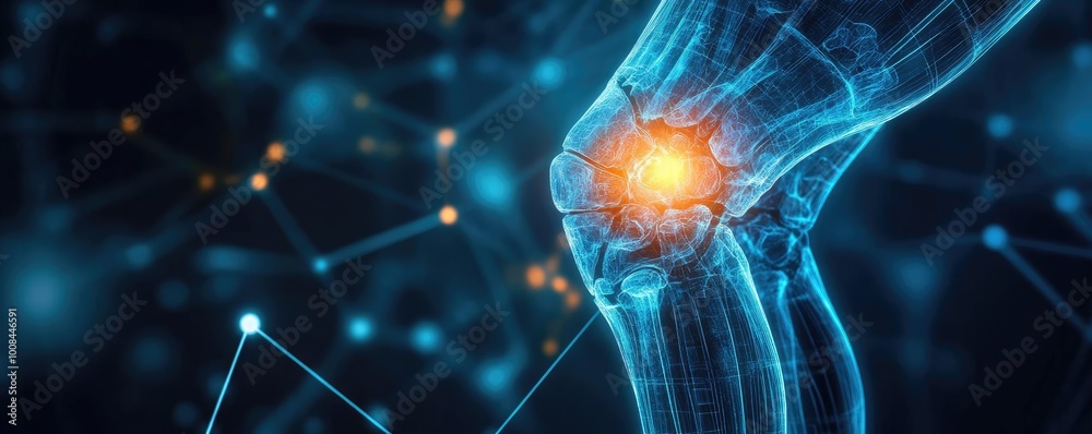 Poster an illuminated representation of a knee joint highlighting inflammation and pain, showcasing advance