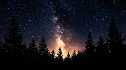Fototapeta premium Starry Night Sky with Milky Way Over a Forest Silhouette in a Serene and Cosmic Landscape