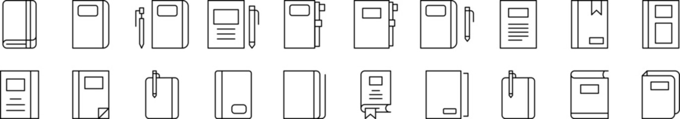 Notebook, Book for Notes Set of Thin Icons. Editable Stroke. Suitable for Web Sites, Books, Cards, Apps