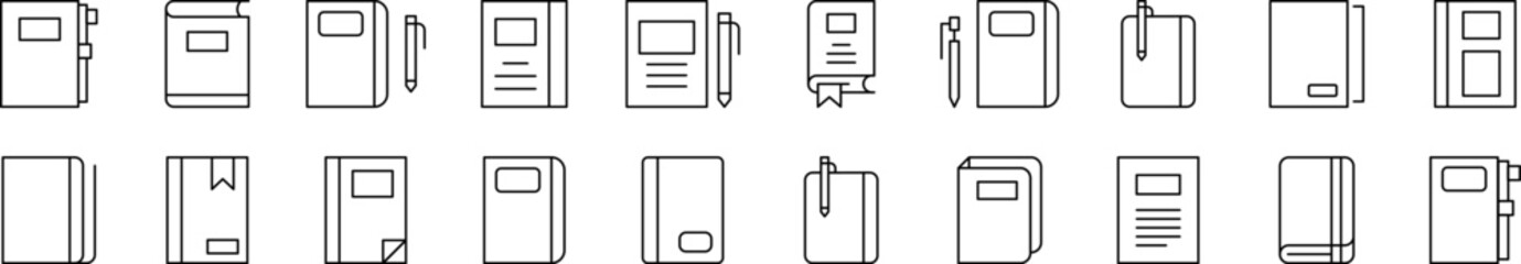 Notebook, Book for Notes Icon Set for UI, Placards, Books, Apps. Editable Stroke. Suitable for Web Sites, Books, Cards, Apps