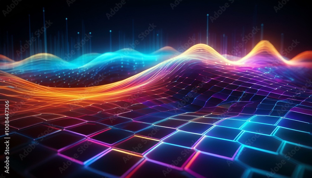 Poster Cyber big data flow. Blockchain data fields. Network line connects to stream.  Concept of AI technology, digital communication, science research, 3D neural cells