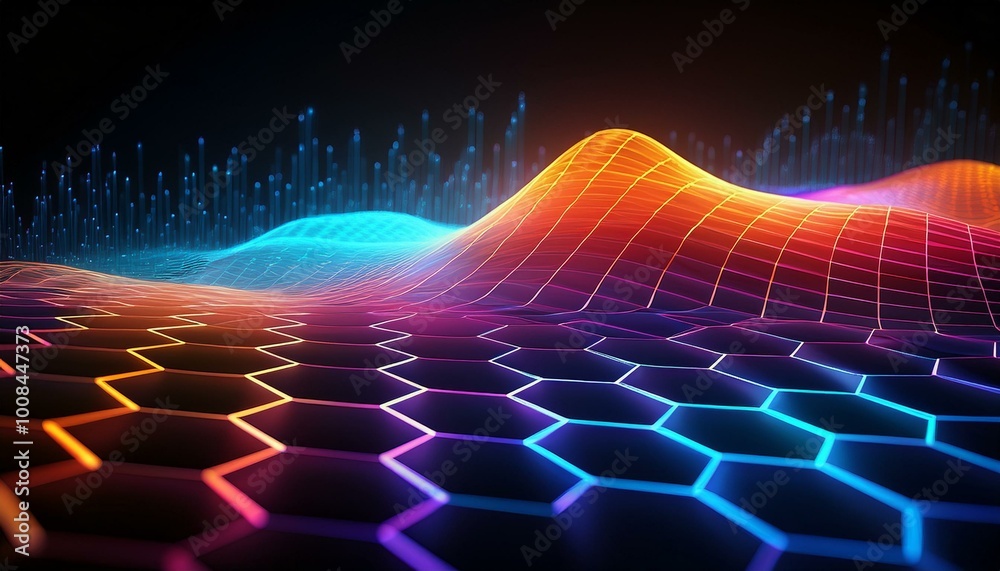 Poster Cyber big data flow. Blockchain data fields. Network line connects to stream.  Concept of AI technology, digital communication, science research, 3D neural cells