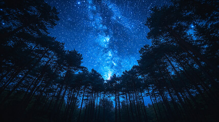 Naklejka premium Starry Night Sky with Milky Way Over a Forest Silhouette in a Serene and Cosmic Landscape