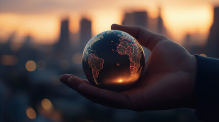 Fototapeta premium A hand holds a glowing digital globe with illuminated continents at sunset in the background..The image represents global responsibility, connectivity, and control over the world’s future.