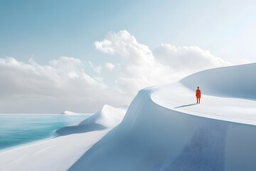 A solitary figure stands on a snowy landscape by the ocean.
