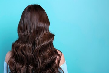 Naklejka premium Woman with long wavy shiny brown hair on a blue background. View from the back. Place for text