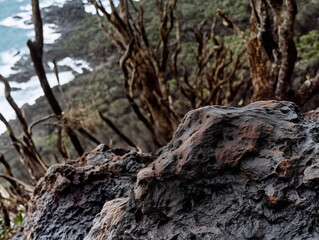 Fototapeta premium Backdrop or background for produxt photography for close-up photo of trees on the rocky cliffside, with the ocean in the background, mossy rocks, and a dense forest