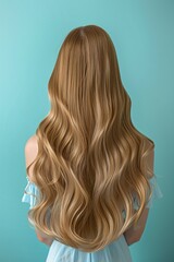 Naklejka premium Woman with long wavy blond hair against a turquoise background in soft daylight. View from the back