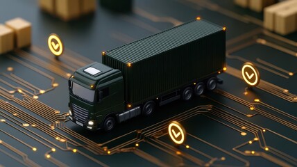 Fototapeta premium Cargo being tracked on a digital logistics platform, with glowing security icons ensuring safe and encrypted shipment tracking