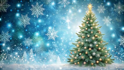 Fototapeta premium A Festive Christmas Tree in a Sparkling Winter Wonderland with Golden Ornaments and a Star on Top