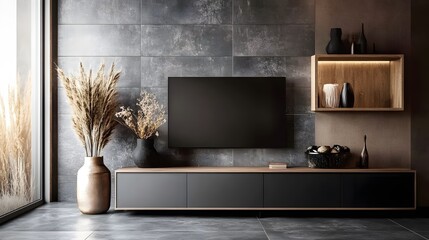 Home living room interior with drawer with decoration, mockup wall