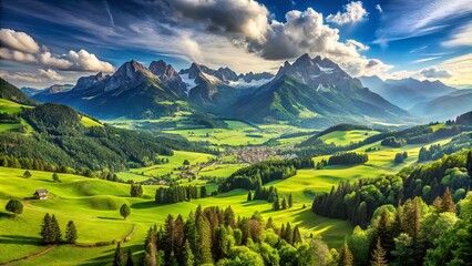 Serene Valley Nestled Amidst Majestic Mountain Peaks, Embraced by Lush Green Foliage and a Clear Sky, with Sunbeams Dappling Through the Clouds