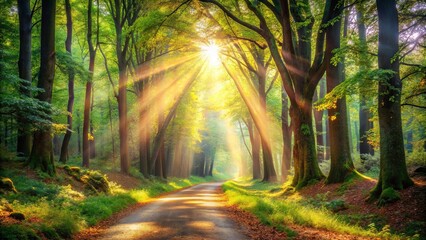 Obraz premium Golden Rays Illuminating a Forest Path, Where Sunlight Dapples Through the Trees, Casting a Mystical Glow on the Woodland Floor