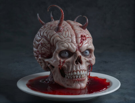 A Grotesque Spectacle:  A Rendered Skull with a Bloody Brain, a Chilling Display of Gore and Horror - Powered by Adobe
