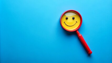 A red magnifying glass with a yellow smiley face inside on a light blue background.