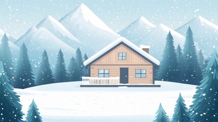 Cozy cabin in snowy mountains with evergreen trees.