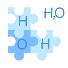 A water molecule consisting of two hydrogen atoms and one oxygen atom in the form of a puzzle. Science. Chemically vector illustration on a white background.