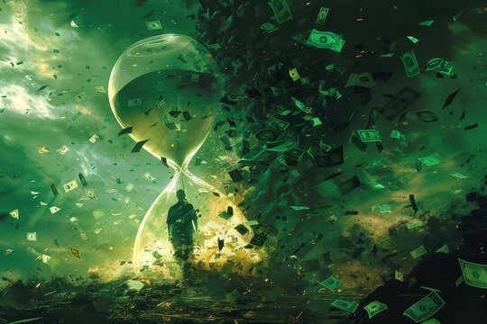 A person trapped in an hourglass filled with money, symbolizing the erosion of wealth.