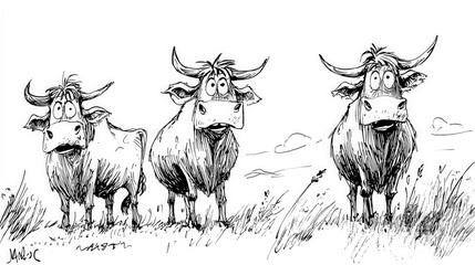 This whimsical black-and-white cartoon depicts a nervous cattle character, showcasing an ink-frazzled design that adds a playful touch to its anxious expression. Generative AI