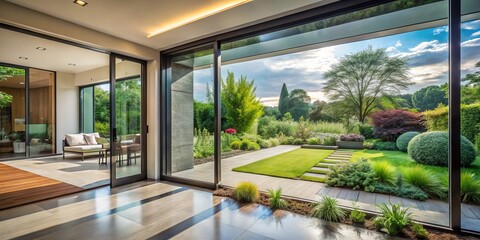 Obraz premium A stylish sliding glass door opens to a colorful garden landscape, enhancing the modern design of a contemporary
