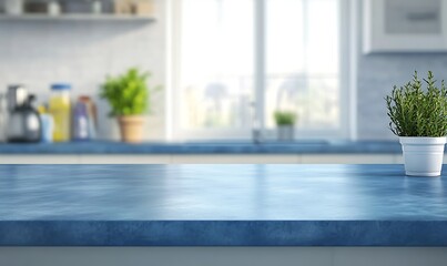 Fototapeta premium Kitchen with an empty blue countertop against a blurred background of a modern interior. Tabletop for product presentation. Clean mockup for food or laundry detergent, washing. 