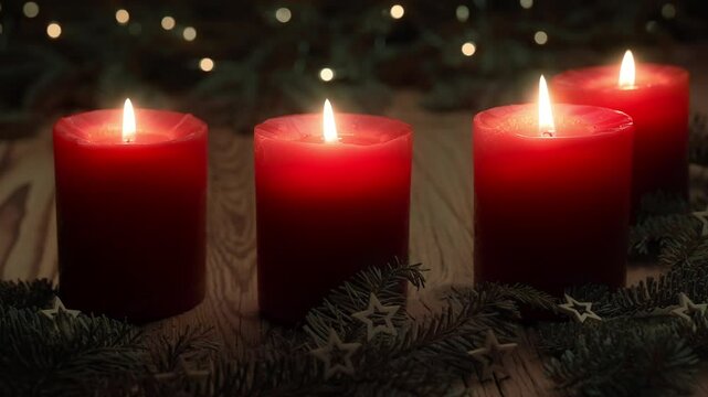 Four red advent candles burning on a decorated table. Low key festive footage with Christmas mood and slow movement