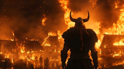 28. Viking figure with a horned helmet standing in front of a burning village
