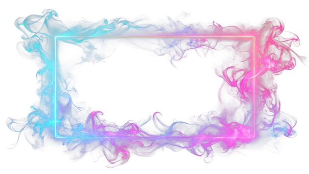 Neon rectangular frame with pink and blue smoke on a transparent background. 