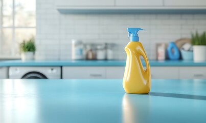  Kitchen with an empty blue countertop against a blurred background of a modern interior. Tabletop for product presentation. Clean mockup for food or laundry detergent, washing. 