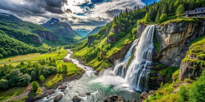 Majestic Steinsdalsfossen Waterfall flows gracefully down vibrant green cliffs, creating a stunning spectacle amid Norway's picturesque landscape, inviting visitors to immerse in nature's beauty.