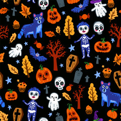 Seamless pattern of Halloween symbols and characters, Children with funny and scary ghost, cat and bat, forest costumes background