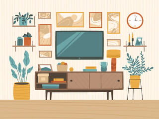 Room with TV on the wall. Place for rest and watching movies. Interior with paintings, flowers, TV shelf and TV in the center. Flat vector illustration.