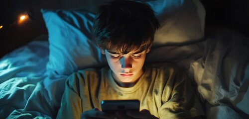 Artistic portrayal of a teenager affected by internet addiction in his room.