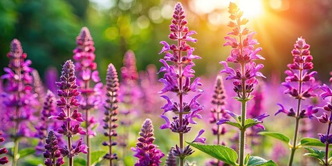 Obraz premium Delicate Clary Sage Leaves and Flowers Against a Soft Focus Background in Natural Light Conditions