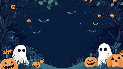 Fototapeta premium Cute Cartoon Halloween Background with Pumpkins Ghosts and Bats in Spooky Nighttime Landscape
