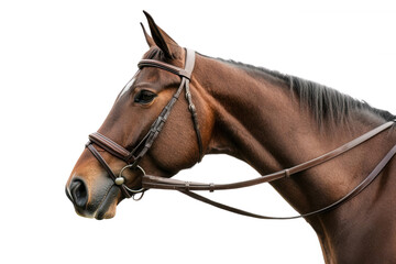 Obraz premium Close-up of a beautiful brown horse with a bridle against a white isolated background.