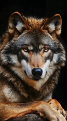 Obraz premium Portrait of a wolf, looking at the camera, against a black background