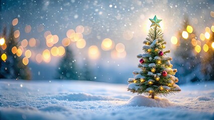 A lone, snow-covered Christmas tree stands brightly lit amidst a snowy landscape with bokeh lights in the background.