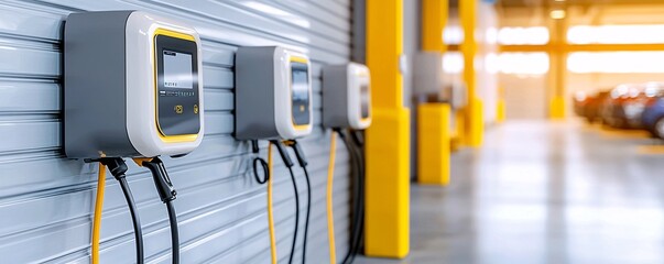 Industrial logistics center featuring a fast charging station with multiple electric vehicles connected and charging, providing ample space for text.