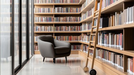 A sleek, minimalist home library with floor-to-ceiling shelves, a rolling ladder, and a cozy reading chair