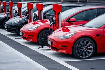 Obraz premium A row of electric cars charging at fast charging stations in a logistics center parking area, with copy space for promotional content.