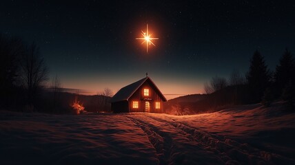 The image of Jesus Christ's Christmas night is softly illuminated by the twinkling stars forming a cross and a small hamlet.