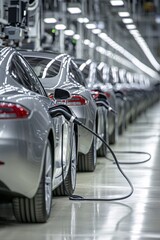 Naklejka premium An industrial warehouse setting with electric fleet vehicles charging at a fast charger station, focused on clean transportation, and abundant copy space.