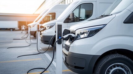 A logistics center parking area with multiple electric vehicles connected to fast chargers, emphasizing clean energy solutions, with available copy space for messaging.