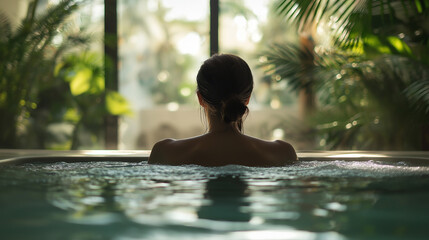 Woman Relaxing in a Jacuzzi Surrounded by Tropical Greenery