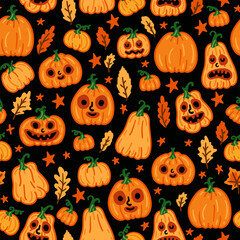 Halloween childish pumpkin symbols and characters seamless pattern. Cartoon orange Halloween pumpkin on dark background.