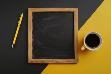 Modern workspace featuring a coffee cup, a notebook, and stylish accessories on a black and yellow desk, showcasing a creative and organized aesthetic.






