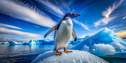 Obraz premium Be captivated by a delightful blue penguin atop a sparkling ice patch, surrounded by a pristine ocean and